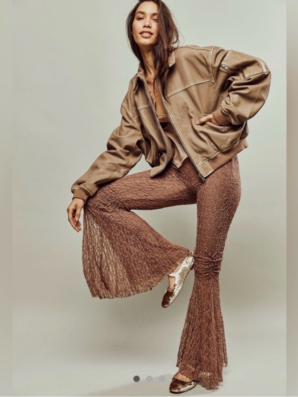 Free People Georgina Mesh Brown Lace Flare Pants in Raw Umber Size Small